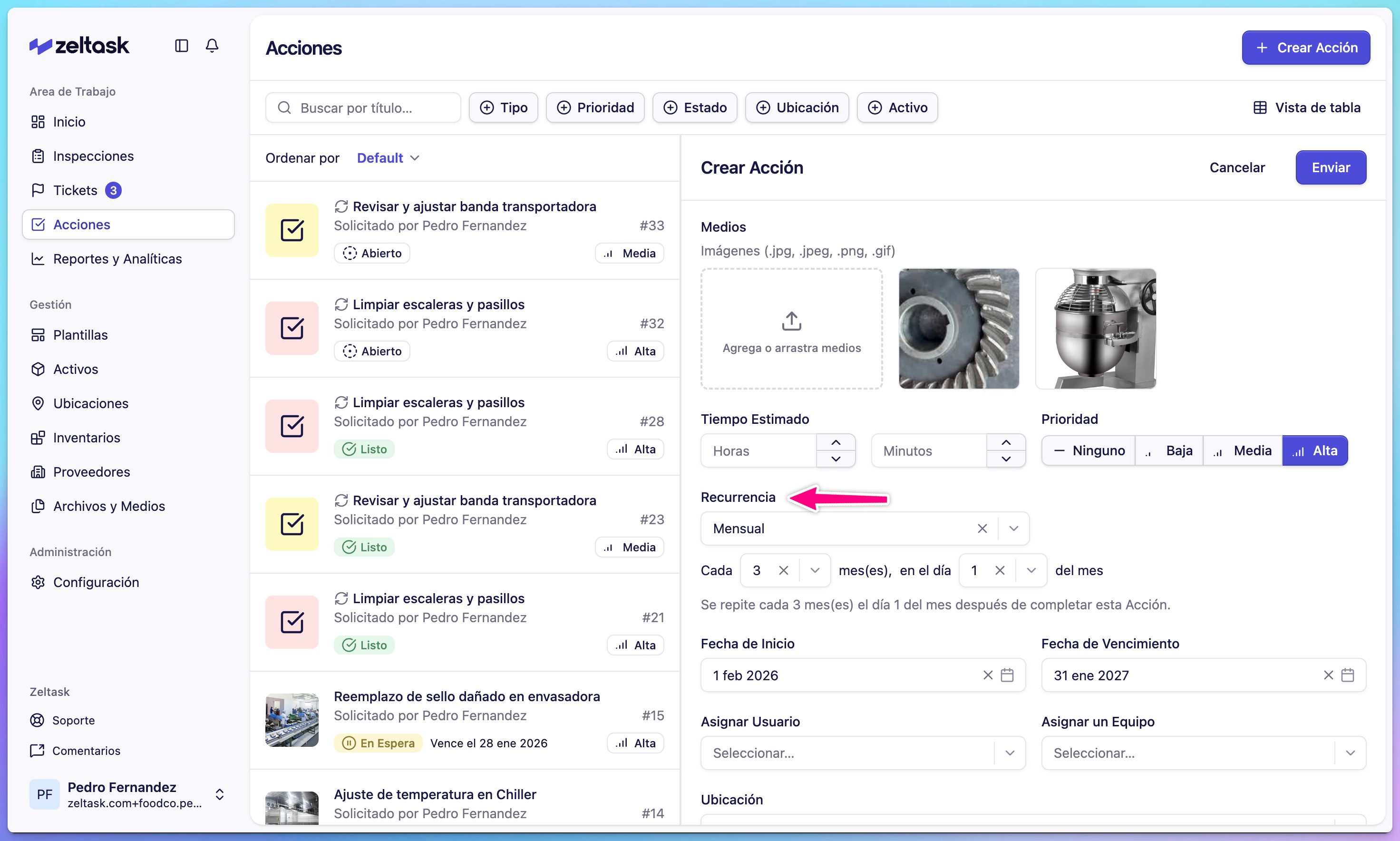 Toggle Recurring on, select Weekly recurrence, then open date picker to set Start Date